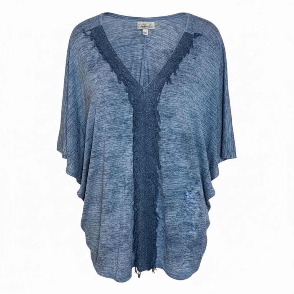 One World Live & Let‎ Live Embroidered Lace Trim Fringe V-neck Tunic Top Blue 2X